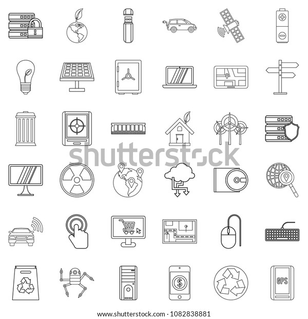 Technology icons set. Outline style of
36 technology icons for web isolated on white
background