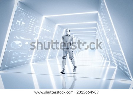 Technology improvement concept with 3d rendering robot move forward through future