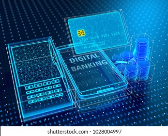 Technology Of Modern Digital Banking. Credit Card, Smartphone, POS Terminal, Stack Of Coins In Blue Virtual Space. 3d Illustration.
