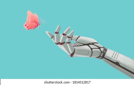 Technology And Nature Concept, Surreal Artwork, Robot Hand With Butterfly , Conceptual Of Freedom ,painting Illustration , Science	
,3d Illustration