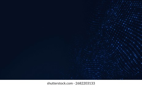 Technology Network Background with blue glowing particles forming a waving mesh pattern against a dark gradient background, creating abstract visual representation of data or connection. 3D render