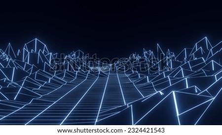 Technology perspective grid with mountain retro landscape background. Futuristic cyber surface 80s - 90s styled. Blue mesh on a colorful background. Digital space wireframe landscape. 3d rendering.