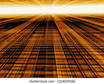 Technology, Science Or Business Background. Abstract Computer-generated 3d Illustration - Golden Surface With Rays, Cells And Vanishing Point Effect Yellow Brick Road. For Web Design, Covers, Posters