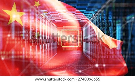 Technology sector, data infrastructure. AI processor symbol in server room with China flag overlay, representing artificial intelligence development and digital control. 3d image