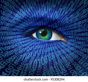 Technology security and Internet safety for privacy as a human eye and digital binary code for surveillance of hackers or hacking cyber criminals for prohibited access to web sites with firewalls.