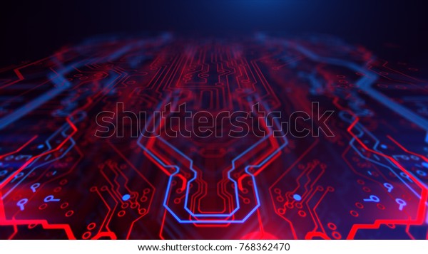 テクノロジーターミナルの背景 デジタル赤い青の背景 プリント基板 テクノロジーの壁紙 3dイラスト 回路基板の未来的なサーバコード処理 のイラスト素材