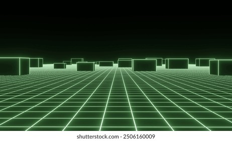 Technology wireframe landscape. Perspective grid with sticking cubes. Digital space with geometric shapes. Green mesh on a black background. 3d rendering.