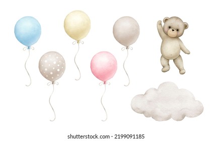 Teddy bear with air balloons.
Watercolor illustration isolated on white background. - Powered by Shutterstock