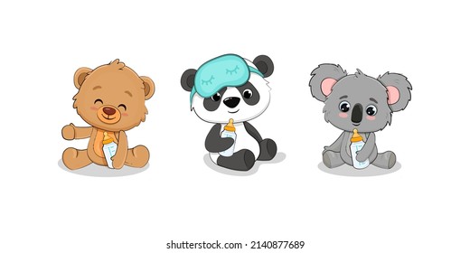 Teddy Bear, Baby Panda And Koala Cub With Milk Bottle. Set Of Cartoon Baby Animals. 