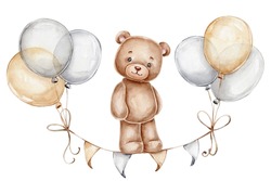 Teddy Bear, Balloons And Flags; Watercolor Hand Drawn Illustration; With White Isolated Background
