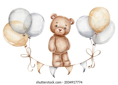 Teddy bear, balloons and flags; watercolor hand drawn illustration; with white isolated background