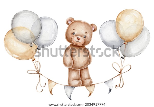 Teddy bear, balloons and flags;\
watercolor hand drawn illustration; with white isolated\
background