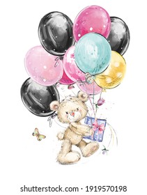 Teddy Bear With Balloons Isolated On A White