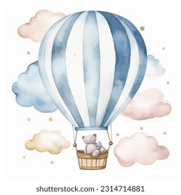 Teddy bear with balloons. Watercolor hand painted illustrations for baby girl shower isolated on white background . - Powered by Shutterstock