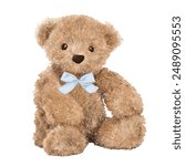 Teddy bear and blue bow ribbon, cute teddy bear, watercolor hand painted, brown bear