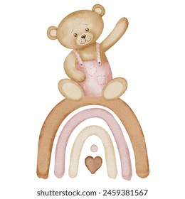 Teddy Bear with Boho Rainbow watercolor illustration. Drawing with cute fluffy character for Baby shower greeting cards or newborn party invitations. Painting in pastel colors for girl poster. - Powered by Shutterstock