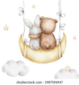 Teddy bear   bunny sitting the moon; watercolor hand drawn illustration; and white isolated background