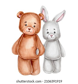 Teddy bear   bunny; watercolor hand drawn illustration; and white isolated background