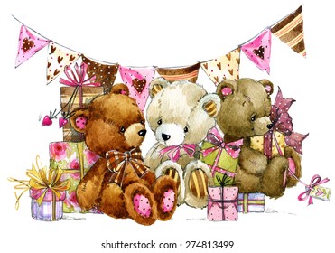 Teddy bear.Toy for celebration kids Birthday festival. watercolor