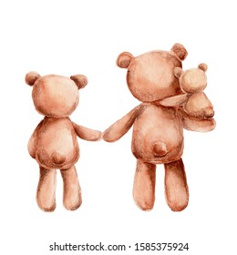 Teddy bear family; watercolor hand draw illustration; and white isolated background