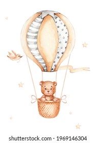 Teddy bear flying in air balloon; watercolor hand drawn illustration; can be used for kid poster or cards; with white isolated background