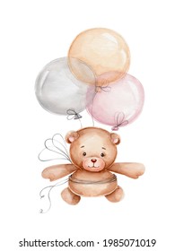 Teddy bear flying on balloons; watercolor hand drawn illustration; can be used for baby shower or postcards; with white isolated background