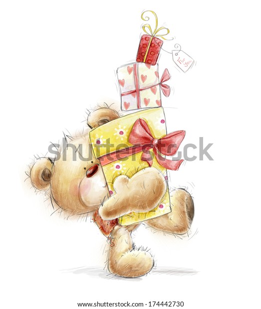 Teddy Bear Gifts Happy Birthday Childish Stock Illustration 174442730