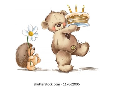 Teddy Bear And Hedgehog. Birthday Cake.