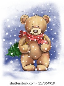 Teddy bear holding christmas tree 