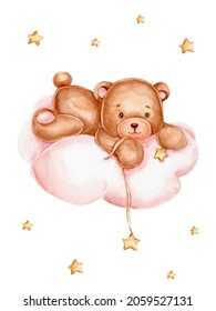 Teddy bear on cloud with stars; watercolor hand drawn illustration; with white isolated background