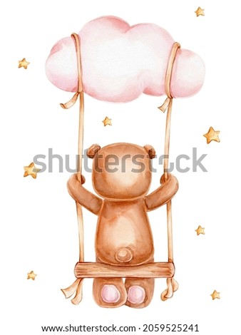 Teddy bear on swing with cloud; watercolor hand drawn illustration; with white isolated background