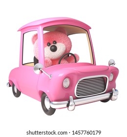 Teddy bear with pink fluffy fur driving her new pink car, 3d illustration render