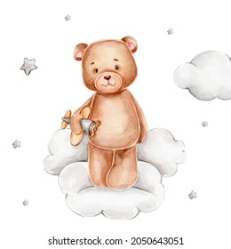 Teddy bear with plane stands on gray clouds; watercolor hand drawn illustration; with white isolated background