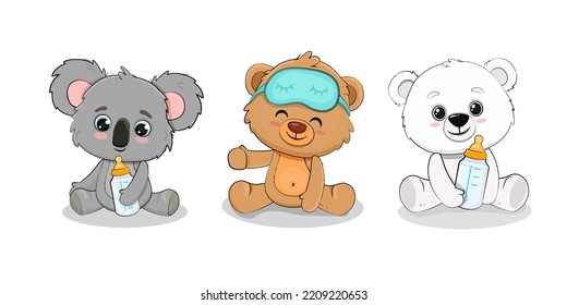 Teddy Bear, Polar Bear And Koala Cub With Milk Bottle. Set Of Cartoon Baby Animals.