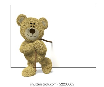 Teddy Bear pulling an empty billboard with a rope over it's shoulder. You may place your logo or text in the empty box.