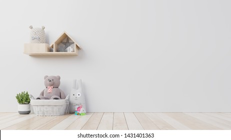 Teddy bear and rabbit doll in the children's room on wall background.3D Rendering