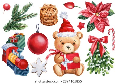 Teddy bear in Santa Claus hat, train, lollipop and mistletoe. Watercolor illustration. Design for New Yea and Christmas - Powered by Shutterstock