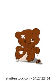 Teddy bear is sewing the belly white background  cartoon  digital paint 