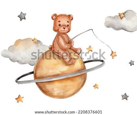 Teddy bear sits on planet; watercolor hand drawn illustration; with white isolated background