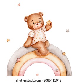 Teddy bear sits on rainbow; watercolor hand drawn illustration; with white isolated background