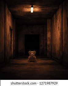 Teddy bear sitting in haunted house,Scary background for book cover 