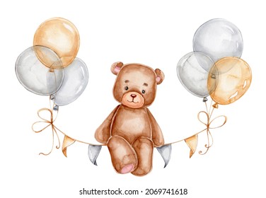 Teddy bear sitting on garland and balloons; watercolor hand drawn illustration; with white isolated background