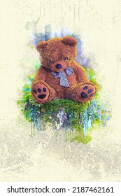 Teddy Bear Sitting On Tree Stump In Watercolor Style