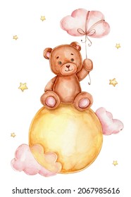Teddy bear sitting on yellow moon with cloud; watercolor hand drawn illustration; with white isolated background