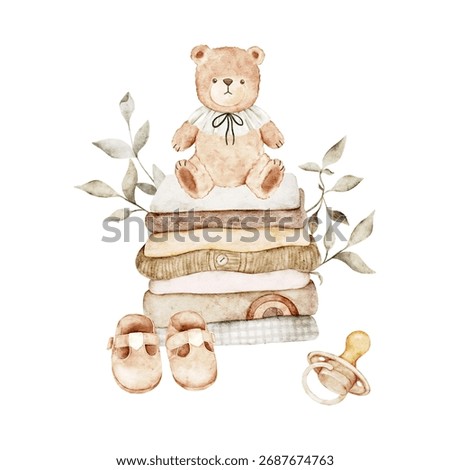 Teddy bear, stack of clothes, baby shoes, pacifier and twigs. Watercolor children's illustration. Template for postcards, posters, baby showers, invitations, new born celebration, decorations