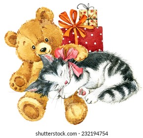Teddy bear. Toy background for celebration kids Birthday festival. watercolor illustration