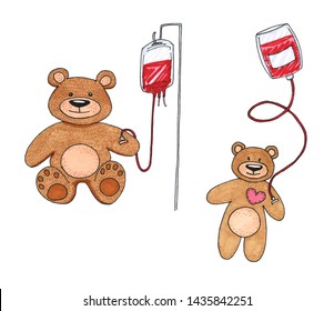 Teddy Bear Transfused Blood With A Dropper Isolated On White, Teddy Bear Toy Is Sick, Child Blood Transfusion Concept