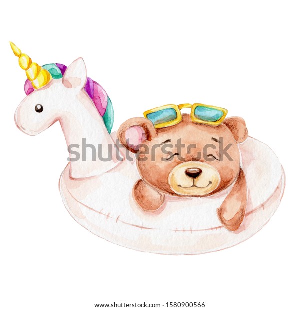 Teddy Bear Unicorn Lifebuoy Watercolor Hand Stock Illustration 1580900566