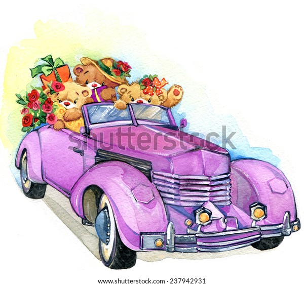 Teddy bear\
and vintage car. watercolor\
illustration