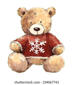 Teddy Bear Wearing a Holiday Sweater Watercolor Hand Painted Illustration on a White Background